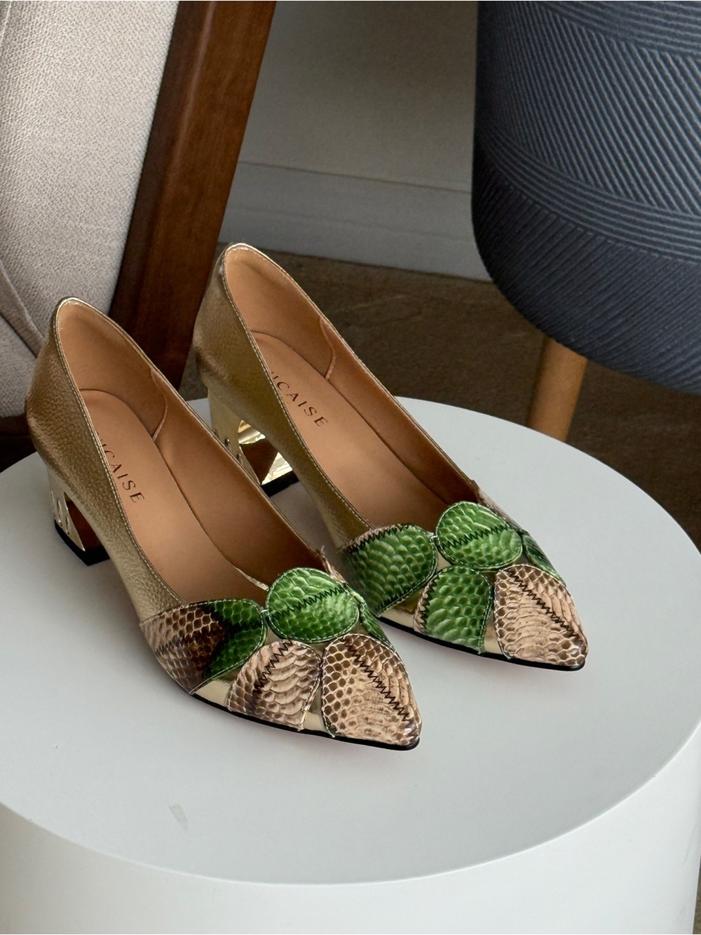 Nicaise Snake Embossed Patchwork Pointed Toe Pumps